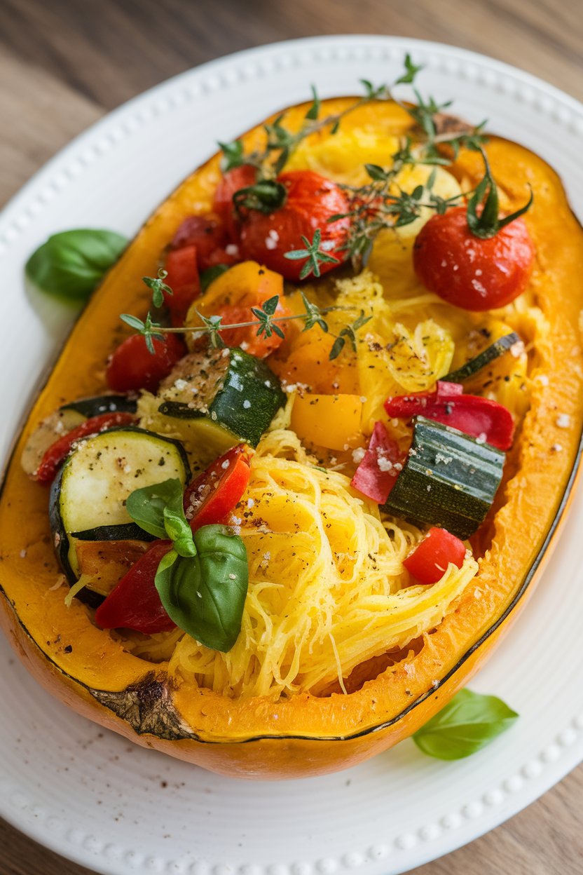 An indoor plate showcasing strands of roasted spaghetti squash mixed with colorful vegetables and herbs; photo only, no text or logos.