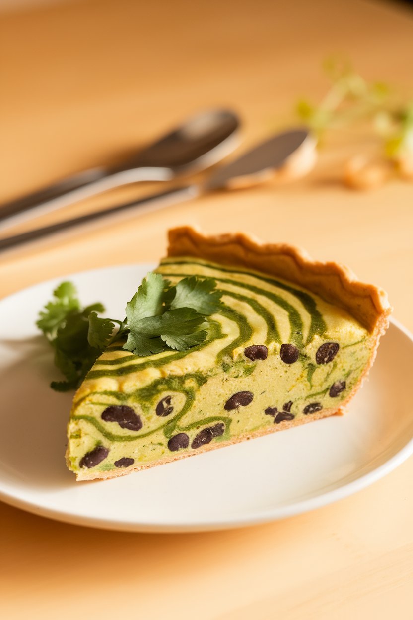 Warm indoor image of a slice of salsa verde quiche showing black beans and green sauce swirls, no text or logos.