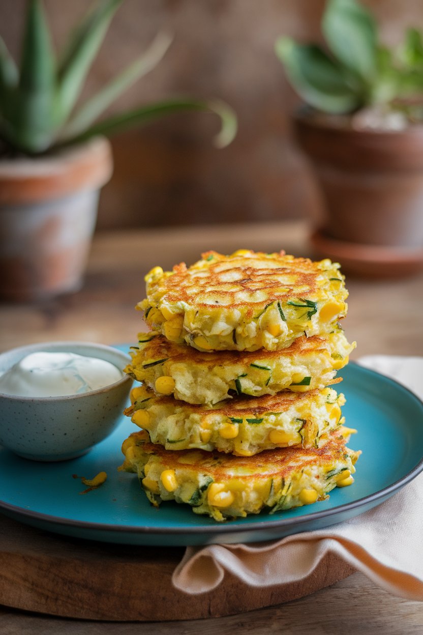 Indoor plate stacked with golden zucchini corn fritters and a small yogurt dip. No logos or text present.
