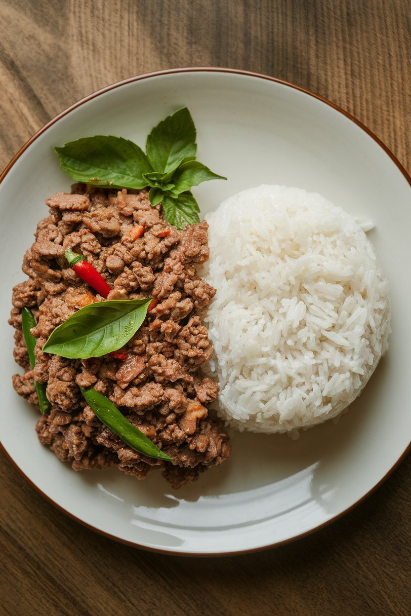 Photo of an indoor dinner plate featuring jasmine rice beside a mound of ground beef stir-fried with basil leaves, chilies, and soy sauce; no text or logos