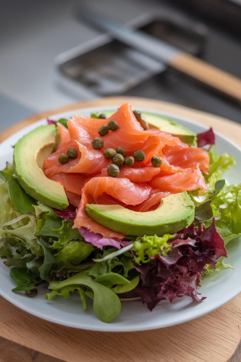 Photo of mixed greens topped with smoked salmon ribbons, avocado slices, and capers on an indoor plate, no text or logos.