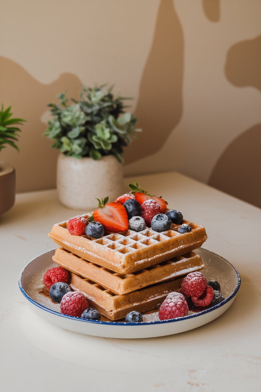 Indoor dining table featuring two buckwheat waffles stacked and adorned with mixed fresh fruit and a light dusting of powdered sugar. No text or logos in frame.