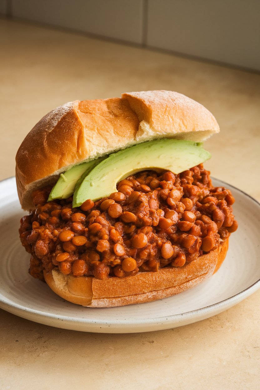 Indoor countertop with a toasted bun piled high with saucy lentil sloppy joe mixture, avocado slices peeking out. Photo only, no text or logos.