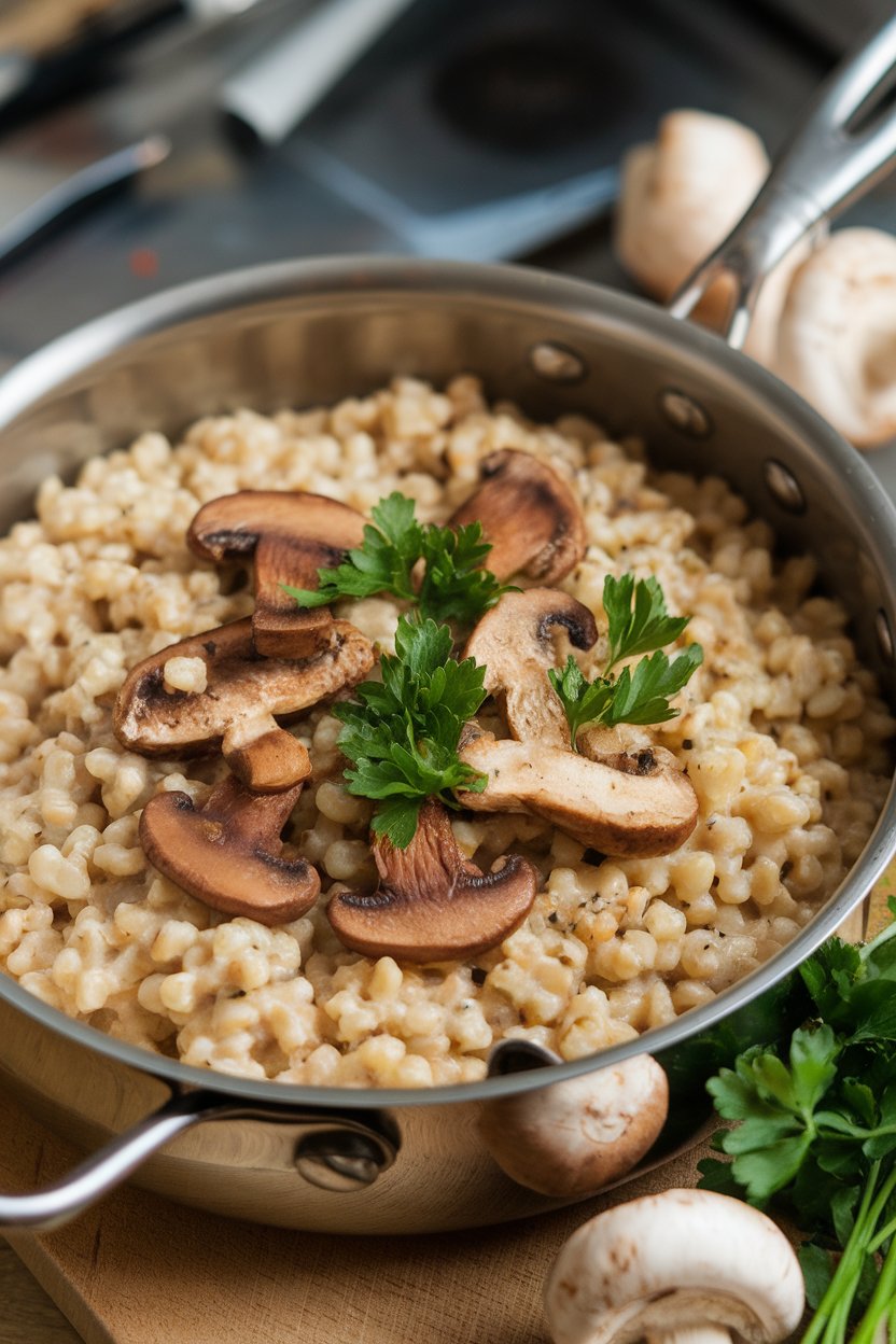 Photo of an indoor saucepan featuring creamy cooked barley studded with sautéed mushrooms and parsley; no text or logos