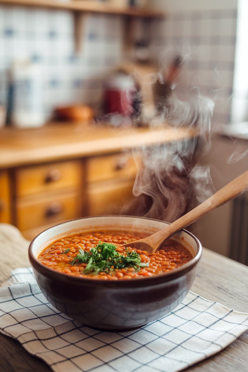 Indoor kitchen scene with a steaming bowl of rustic red lentil soup garnished with chopped parsley. No text or logos; photo.