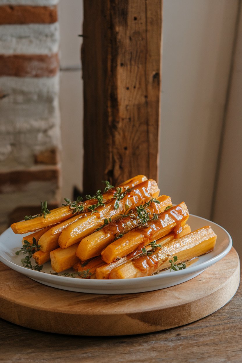 Indoor presentation of roasted parsnip batons coated in glossy honey-mustard glaze, herbs sprinkled over. No text or logos.