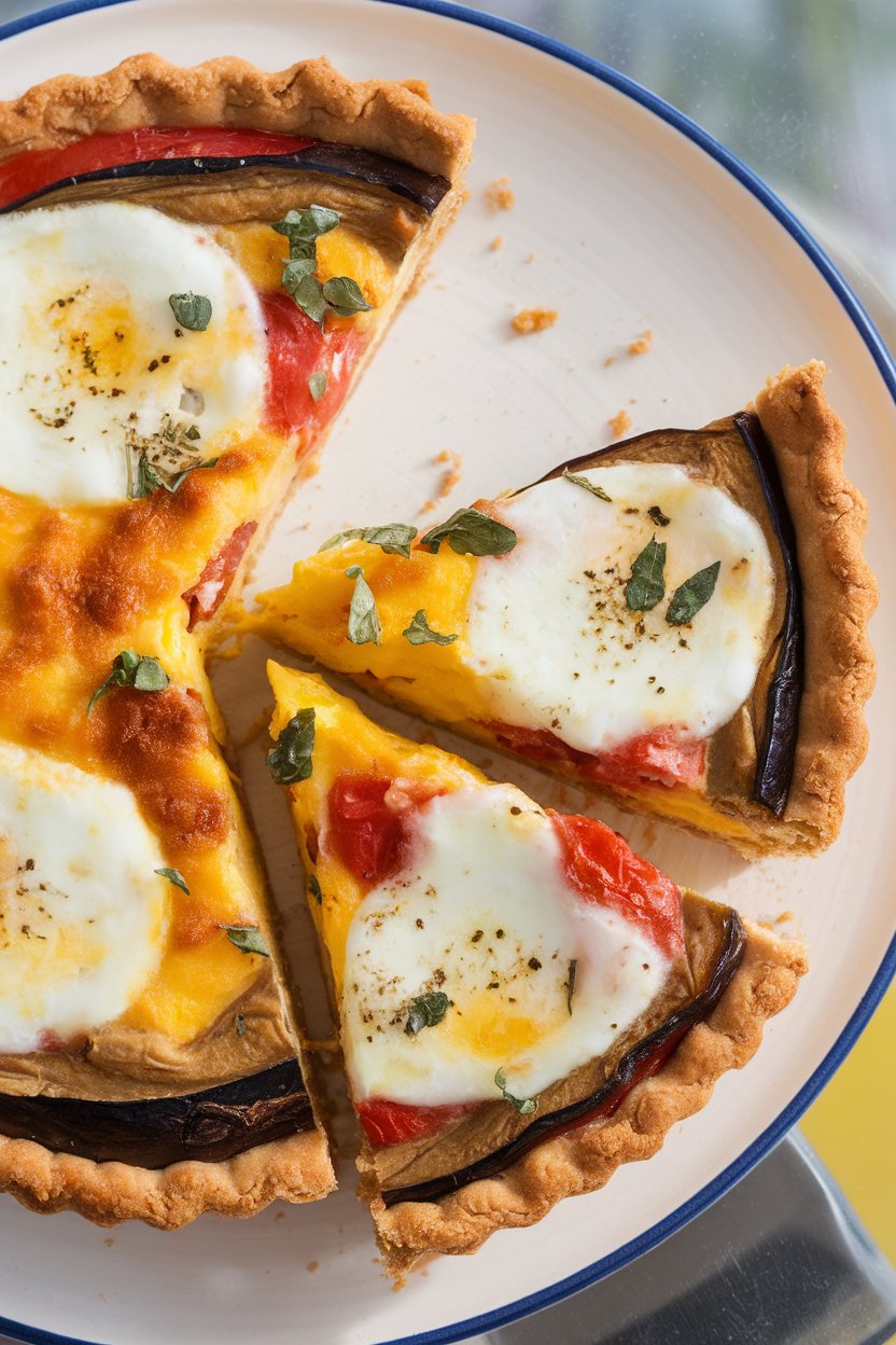 Overhead indoor view of a slice of eggplant-tomato quiche, melted mozzarella bubbles visible, no text or logos.