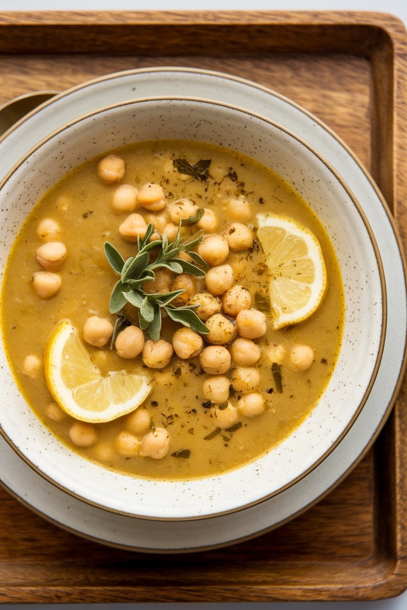 Indoor food photo of pale yellow chickpea soup with oregano and lemon wedges in a soup plate; no text or logos.