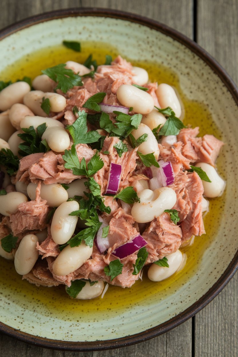Photo of an indoor plate featuring a rustic mix of canned tuna, white beans, chopped parsley, and red onion dressed in olive oil; no text or logos