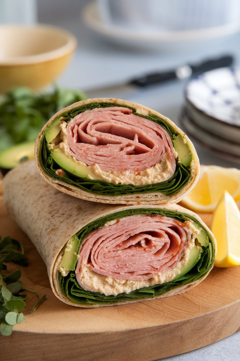 Photo of a sliced whole-wheat wrap revealing turkey slices, avocado, hummus, and spinach indoors; no text or logos visible.