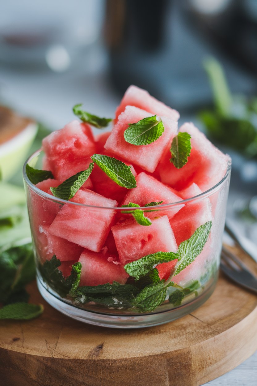 Indoor glass bowl of frosty watermelon cubes sprinkled with torn mint leaves. No text or logos.