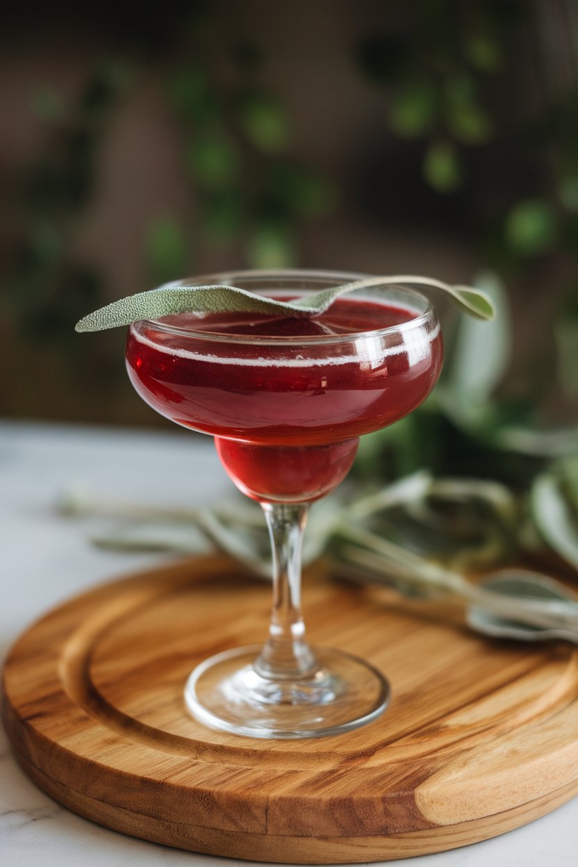 Indoor close-up, coupe of deep red margarita, single sage leaf floating; no logos.