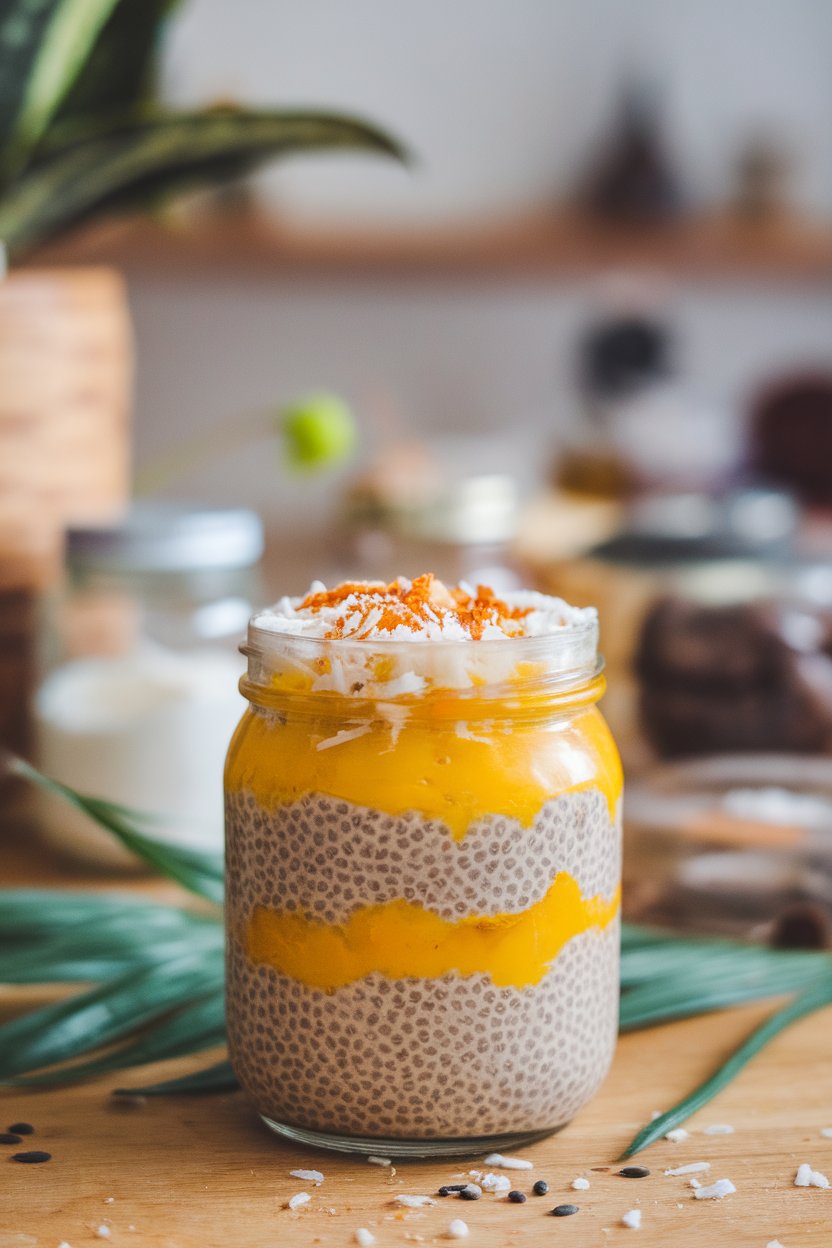 Indoor glass jar showing layers of chia pudding topped with mango purée and shredded coconut—no text or logos.