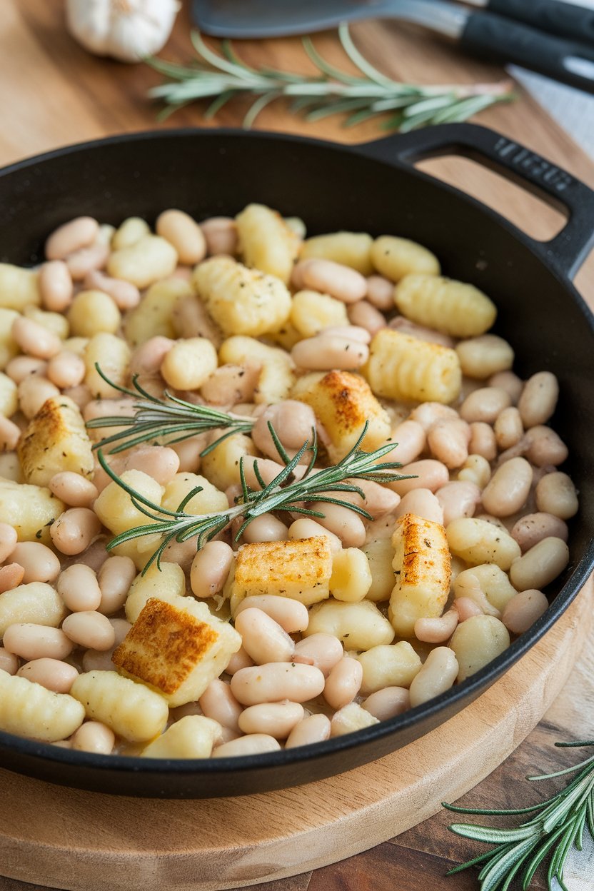 Indoor skillet of potato gnocchi sautéed with white beans, garlic, and rosemary sprigs. No text or logos.