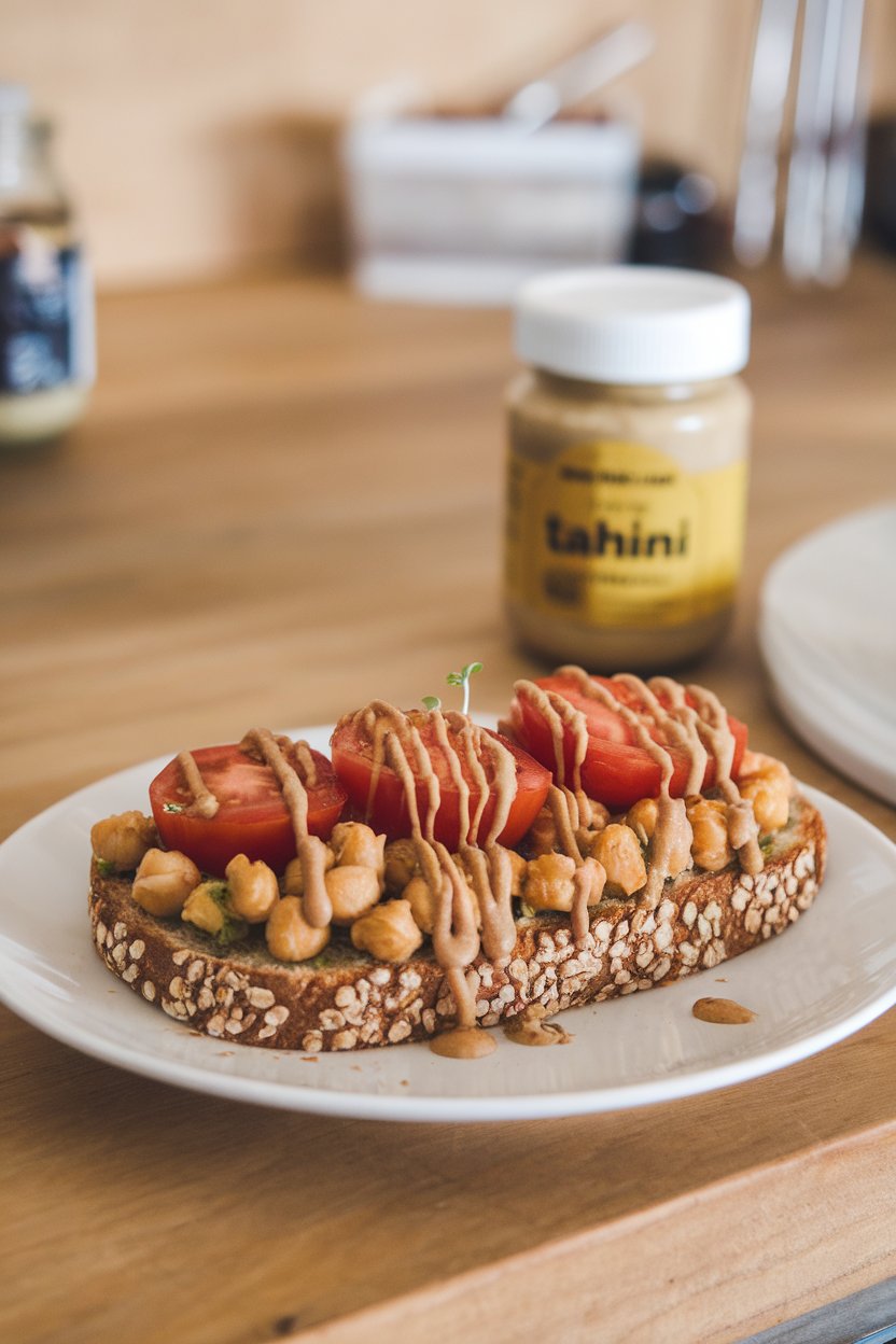 Indoor breakfast bar with a slice of toasted sprouted-grain bread topped with smashed chickpeas, sliced cherry tomatoes, and a generous tahini drizzle. Photo, no text or logos present.