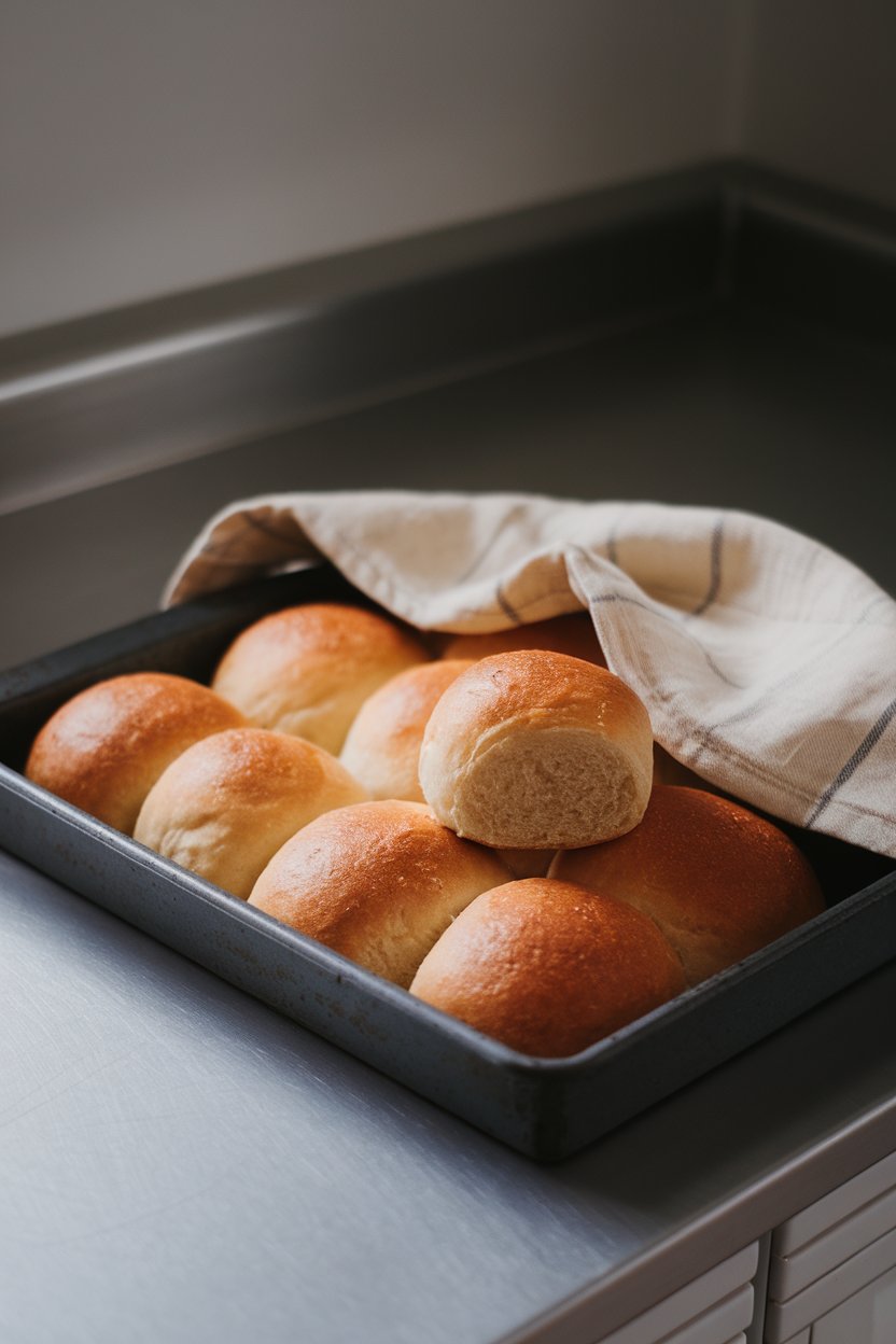 A baking tray on an indoor counter with golden whole-wheat rolls, cloth napkin partially covering; no text or logos, photo only