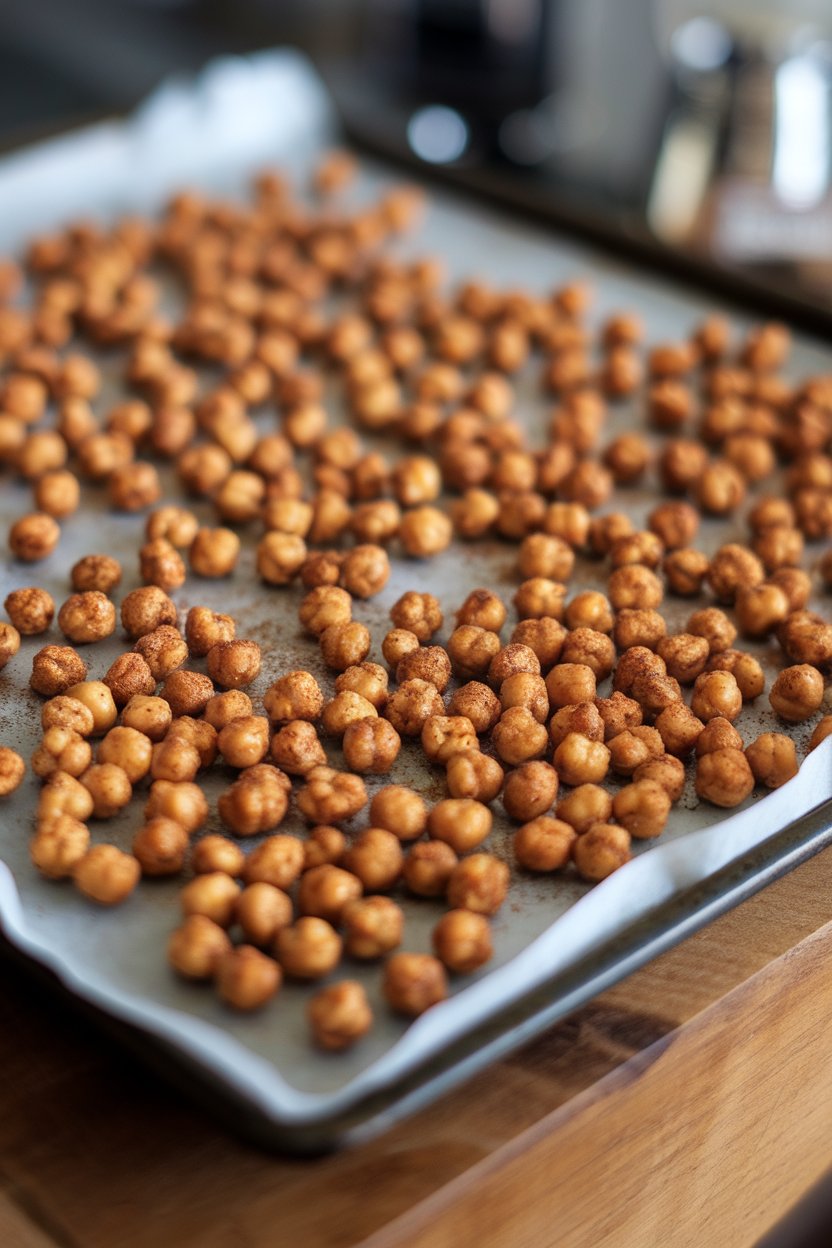 Photo of a baking sheet lined with crunchy cinnamon-spiced chickpeas, taken indoors. No logos or text present.