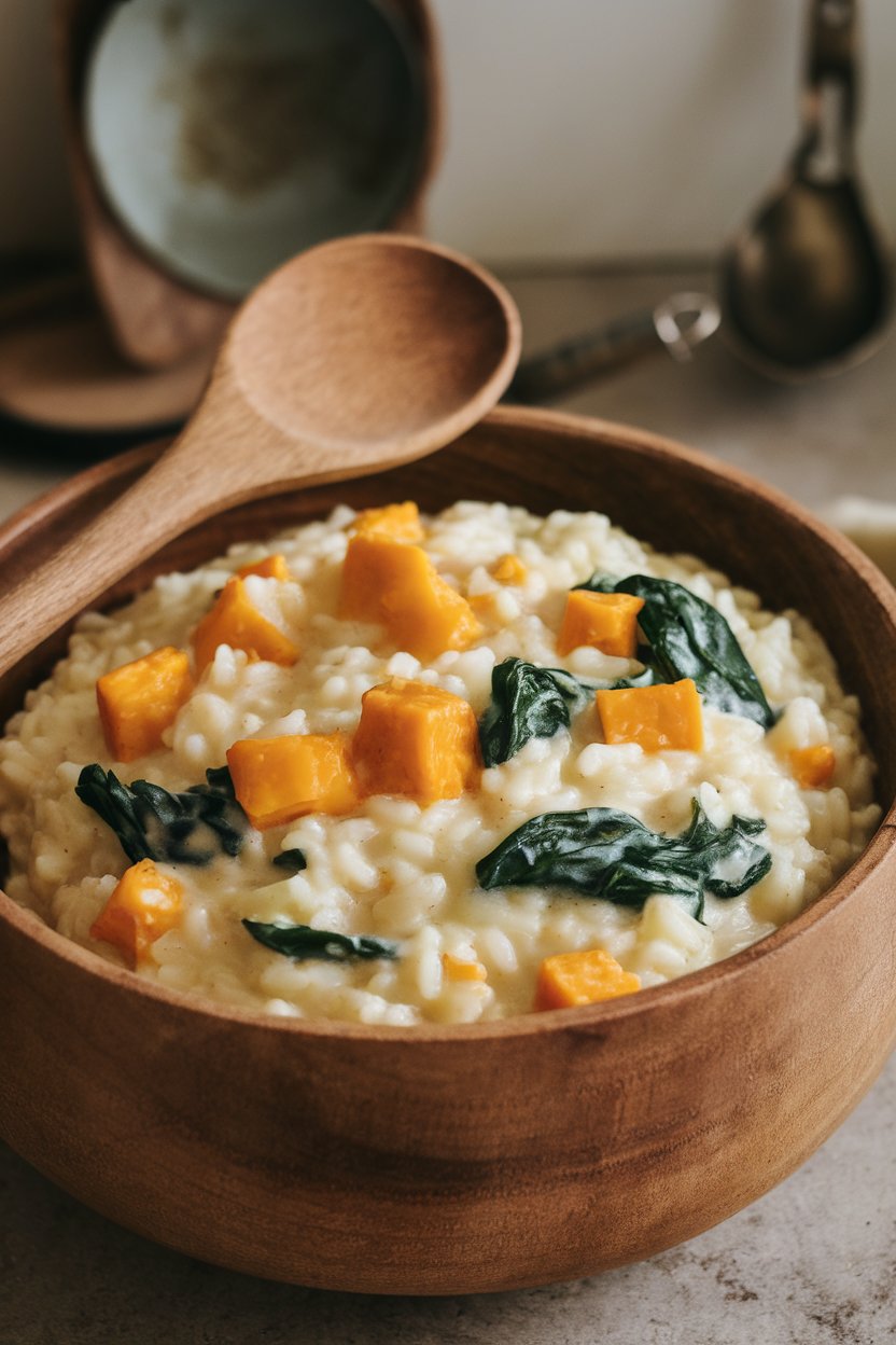 An indoor saucepan filled with creamy risotto dotted with orange squash cubes and emerald spinach, wooden spoon resting; no text or logos; photo