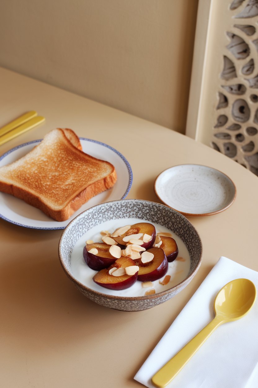 An indoor breakfast table with a bowl of yogurt topped with caramelized roasted plums and sliced almonds, photo, no text or logos.