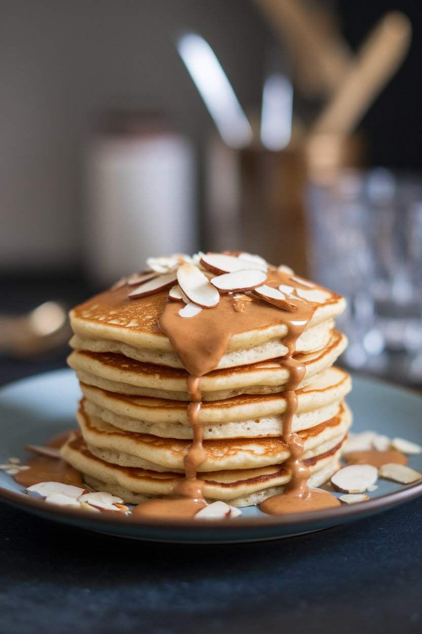 Indoor tabletop showing pancakes drizzled with almond butter and topped with sliced almonds; no logos, photo only.