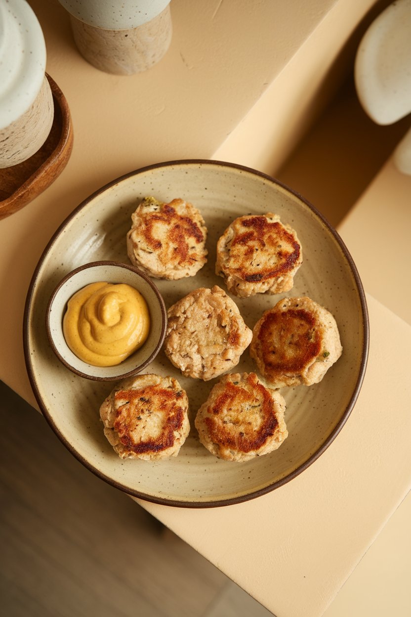 Indoor photo of small chicken apple patties on a ceramic plate with a side of mustard, overhead shot, no text or logos