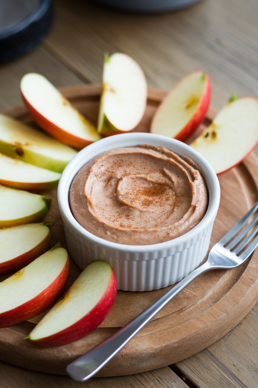 An indoor snack plate featuring crisp apple wedges beside a ramekin of cinnamon-speckled almond butter. No text or logos. Photo, not illustration.