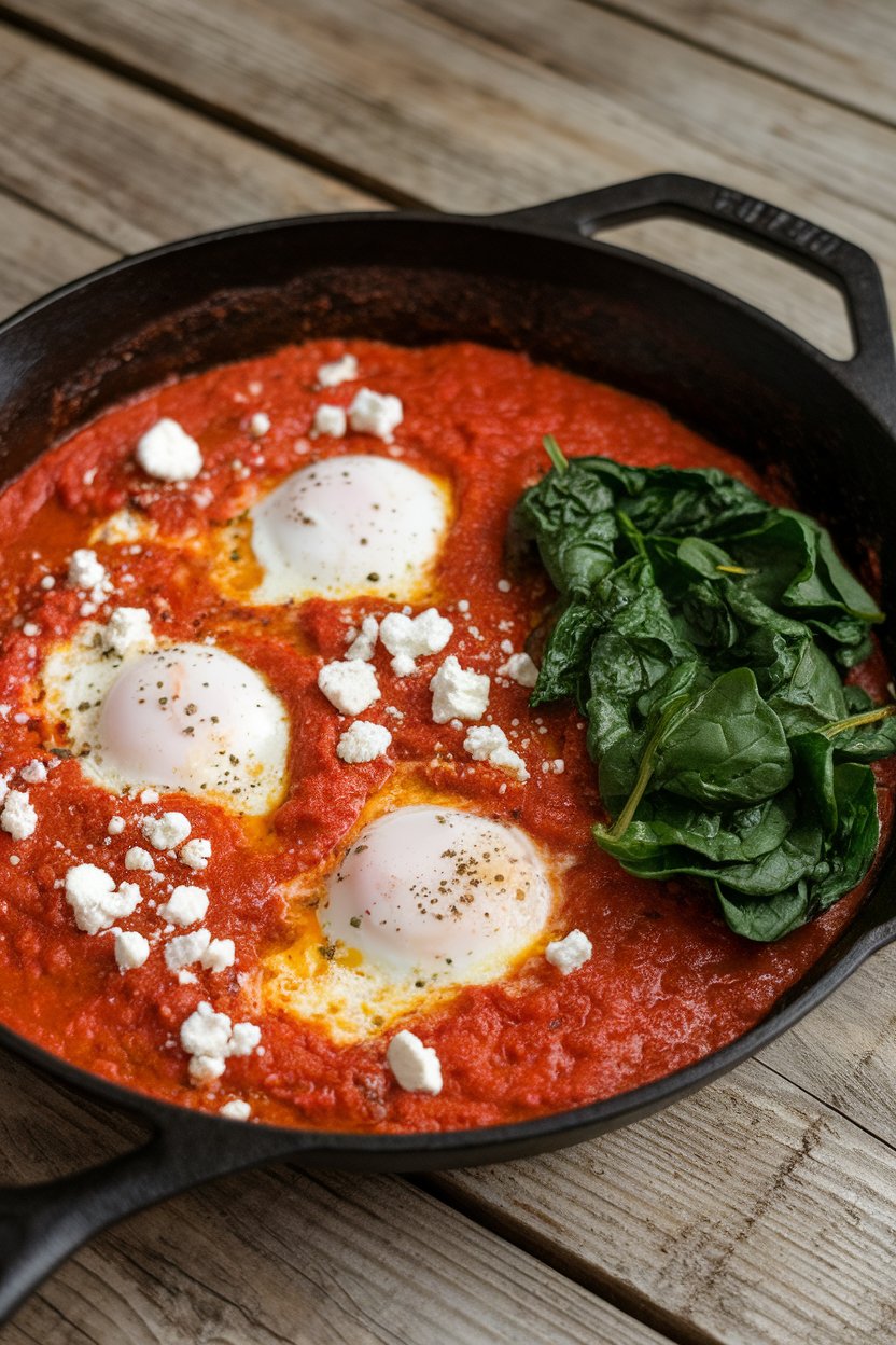A cast-iron skillet indoors of bubbling tomato sauce with poached eggs, wilted spinach, and crumbled feta; no text or logos.