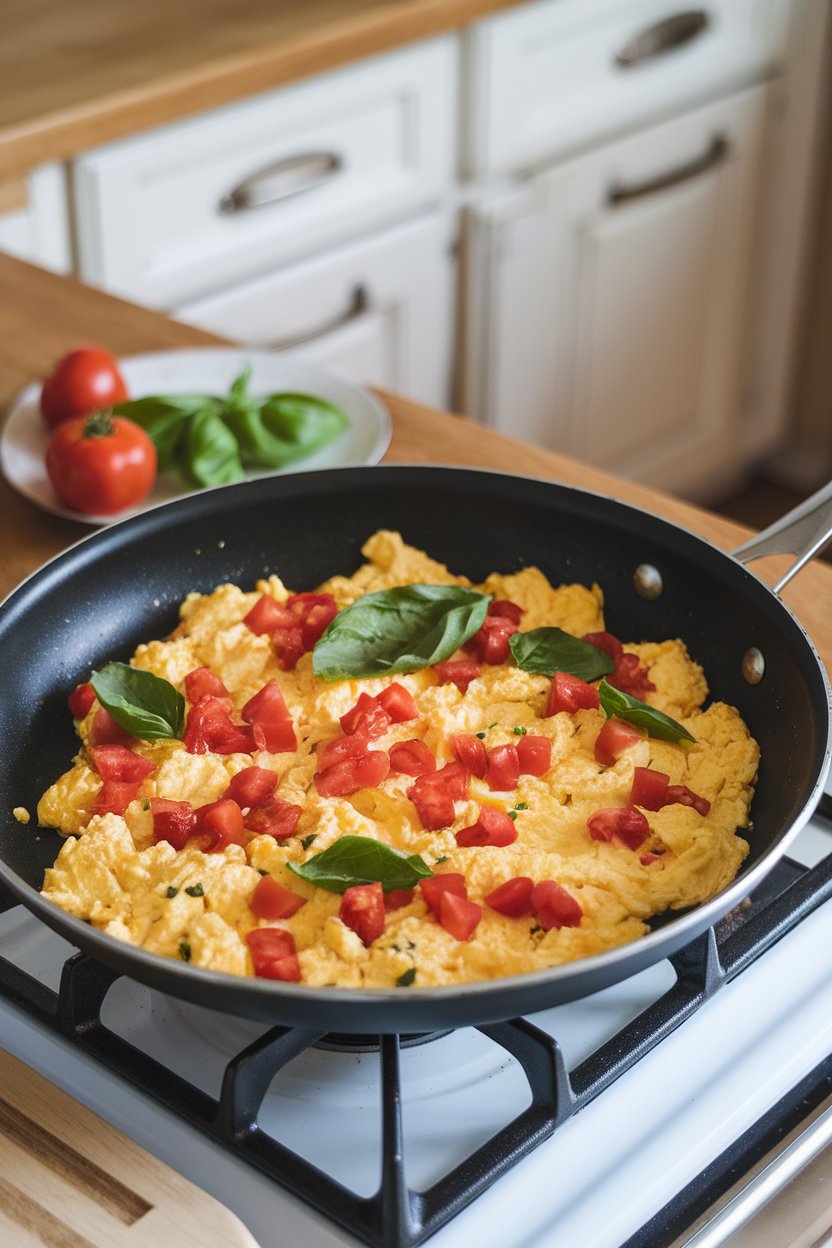 A frying pan on an indoor stove containing fluffy scrambled eggs dotted with diced tomato and torn basil leaves, photo, no text or logos.