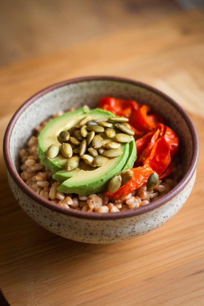 Indoor ceramic bowl with a base of farro topped with sliced avocado, roasted pumpkin seeds, and roasted red peppers. No text or logos visible.