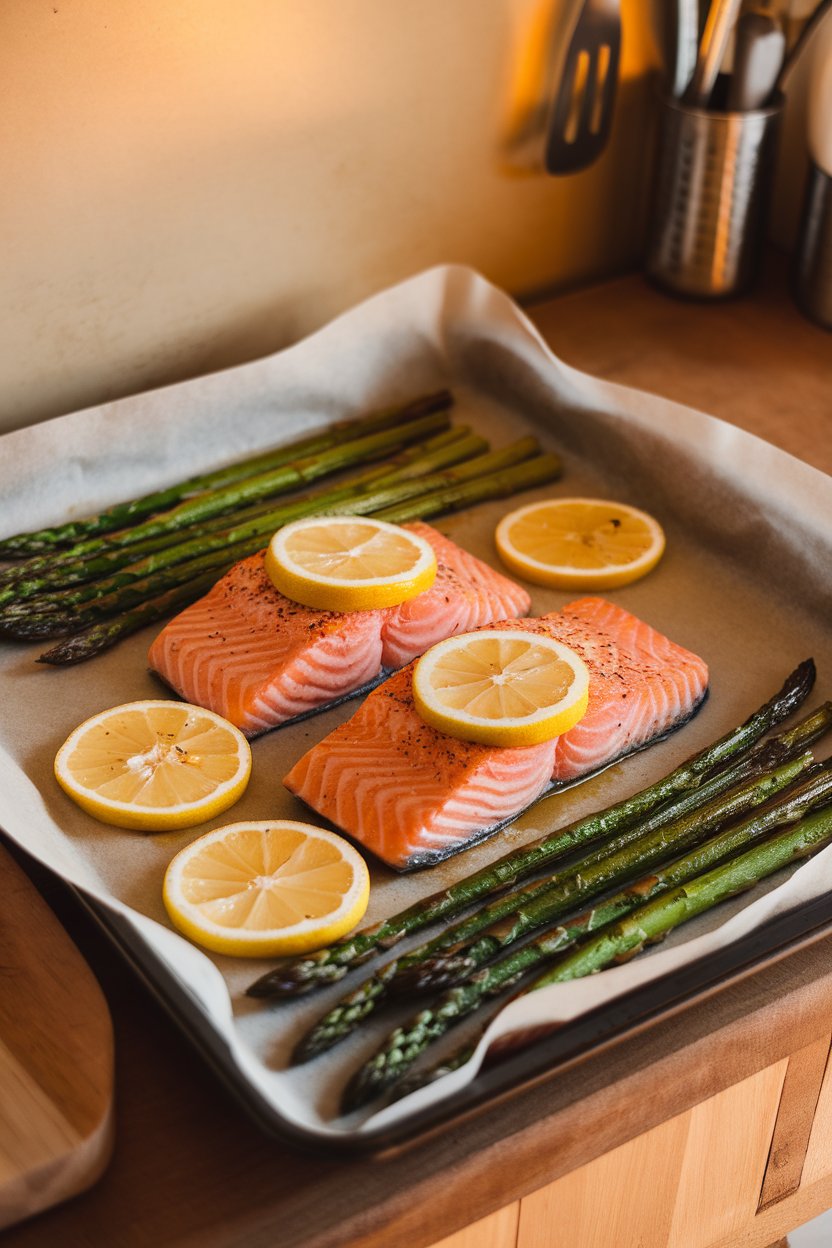 Photo of a parchment-lined sheet pan featuring cooked salmon fillets with lemon slices and roasted asparagus spears, taken indoors under warm kitchen lighting. Fish is fully cooked; no raw pieces or logos present.