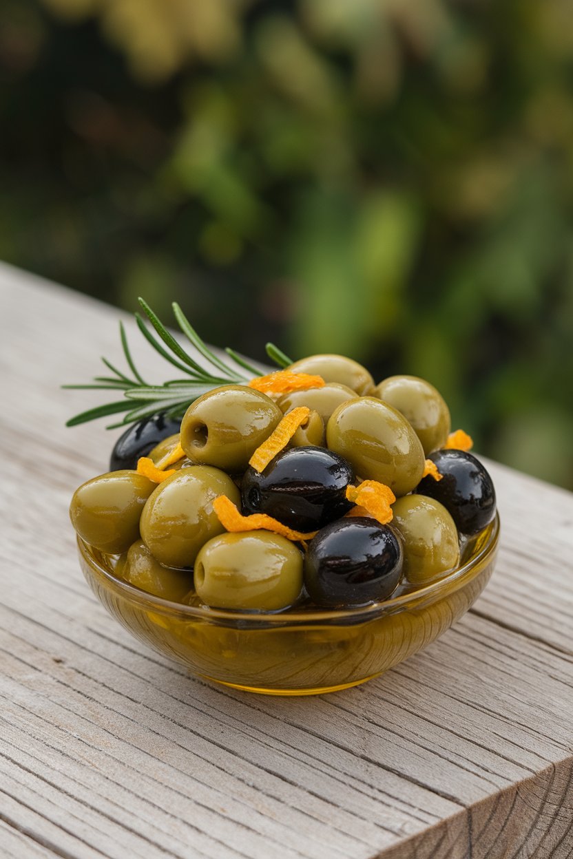 A small indoor bowl of mixed green and black olives glistening with olive oil, studded with rosemary and orange peel. No text or logos. Photo.