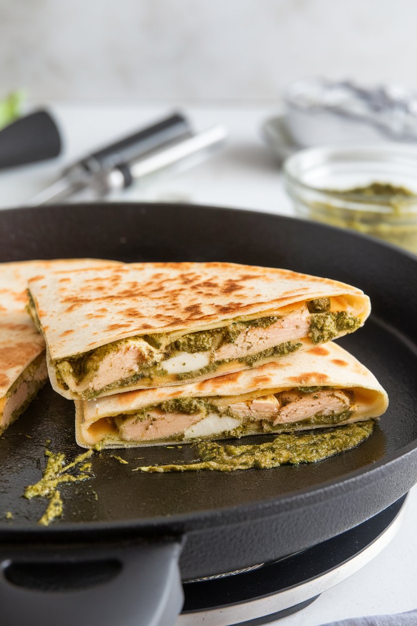 Photo of an indoor griddle showing a sliced quesadilla oozing pesto-coated chicken and mozzarella; no text or logos