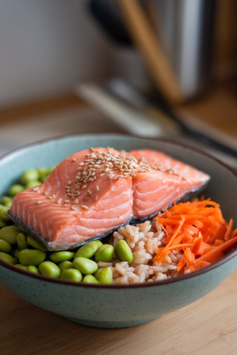 Indoor photo of a bowl featuring cooked salmon fillet, brown rice, edamame, and shredded carrots, sesame seeds sprinkled on top. No text or logos.