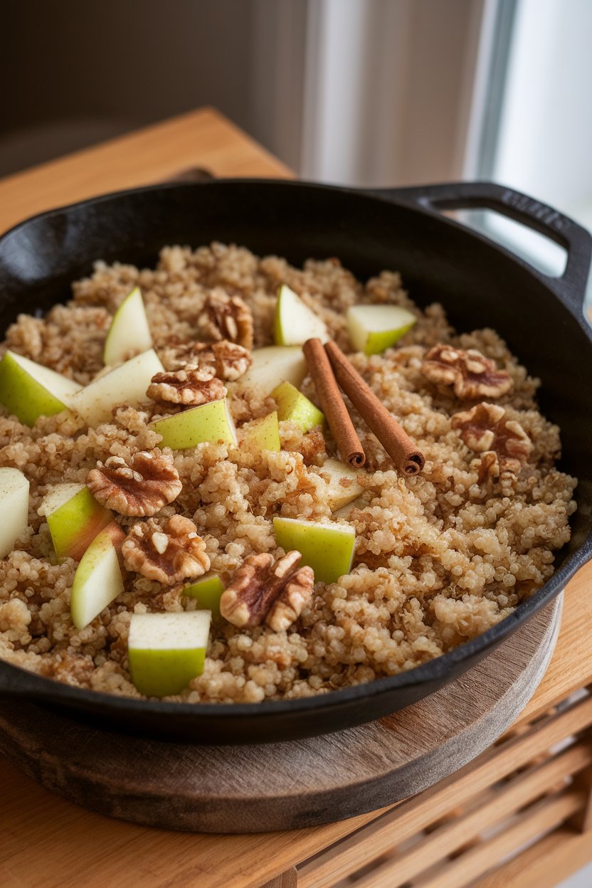 Cast-iron skillet indoors containing warm quinoa mixed with diced apple, cinnamon, and a few walnut halves. No logos or text.