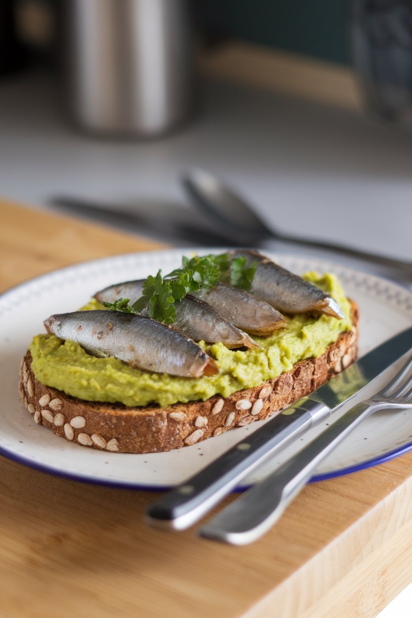 Indoor plate with whole-grain toast spread with mashed avocado and topped with sardine fillets and parsley. No logos.