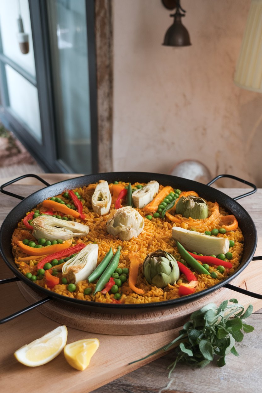 A paella pan indoors showing golden saffron rice studded with artichokes, peas, bell peppers, and green beans; no text or logos.