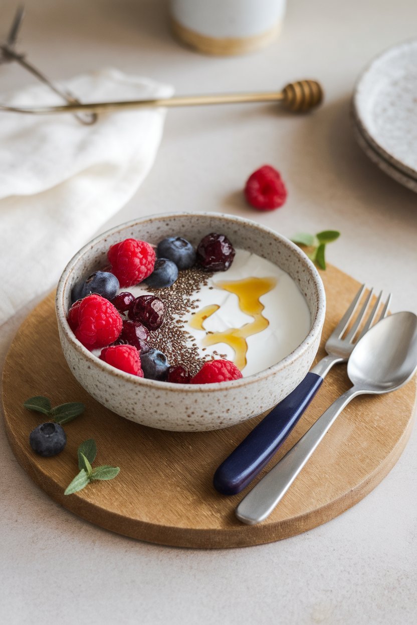 An indoor table setting with a ceramic bowl of plain Greek yogurt topped with mixed berries, chia seeds, and a drizzle of honey. Neutral background, no text or logos.