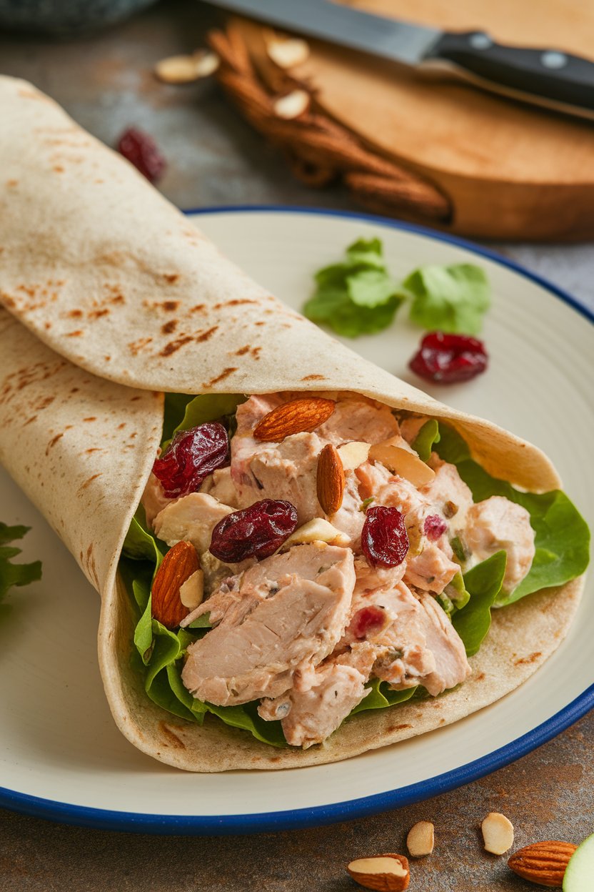 Indoor plate showing a wrap filled with chicken salad dotted with dried cranberries and toasted almonds, whole-wheat tortilla around. No text or logos.