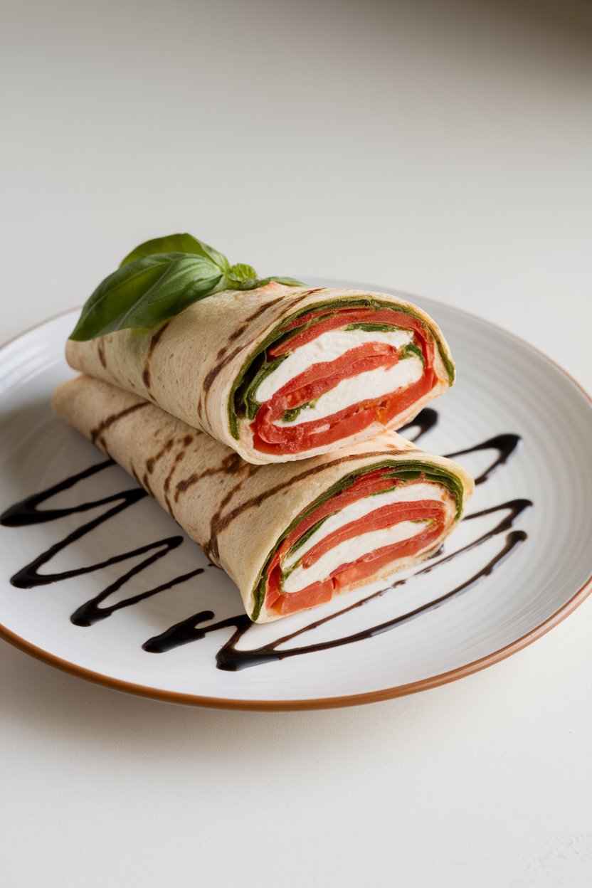Indoor plate featuring a tomato-basil-mozzarella wrap drizzled lightly with balsamic glaze, cut on the bias. No text or logos.