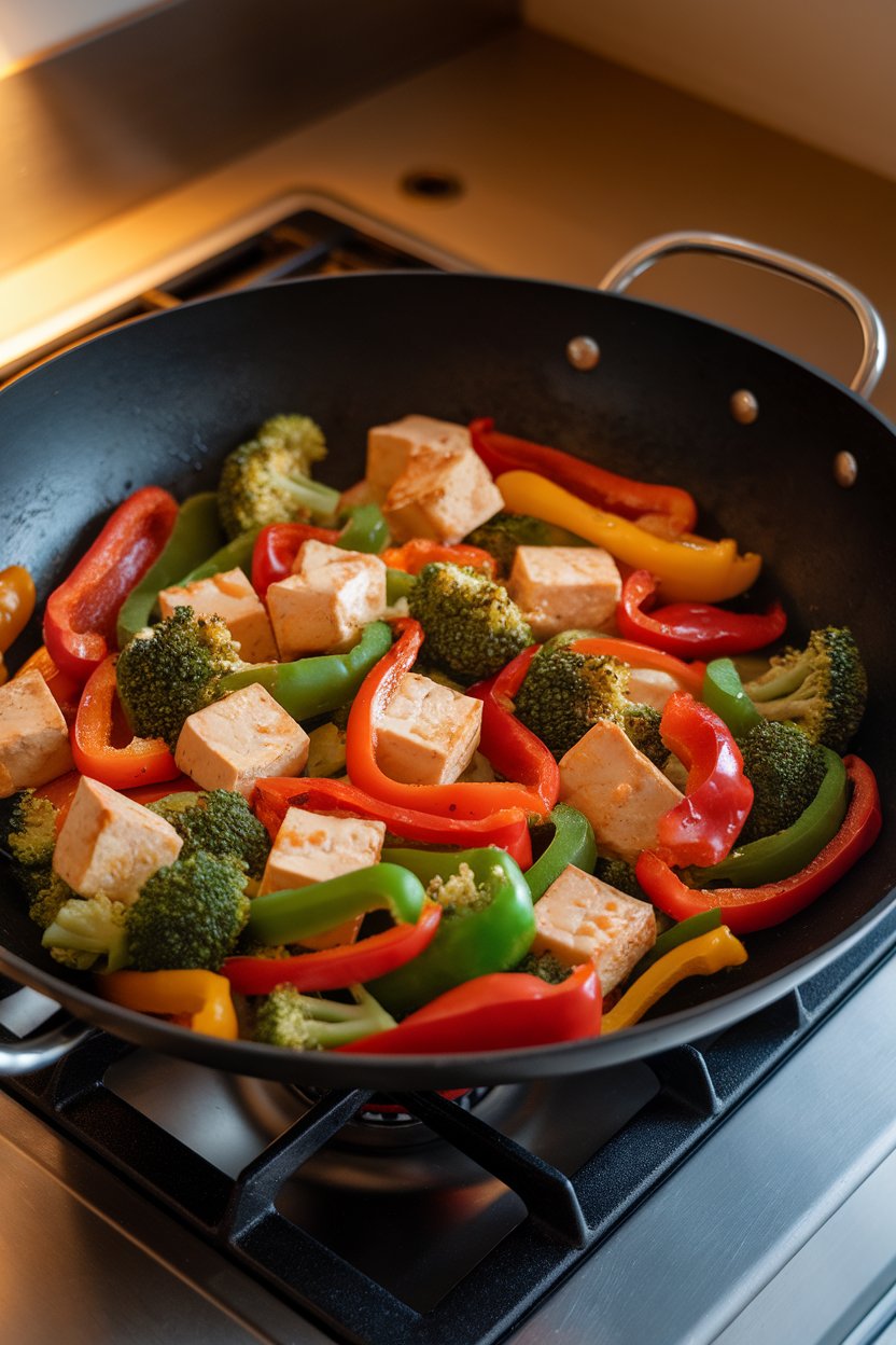 Indoor photo of a wok filled with colorful bell peppers, broccoli, and tofu cubes coated in a light soy-ginger glaze; stovetop lighting, no text or logos