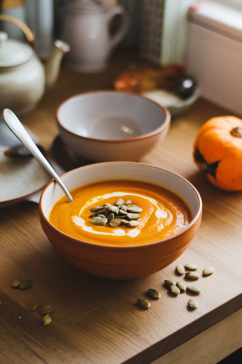 Indoor kitchen table featuring a bowl of bright orange roasted butternut squash soup, garnished with pumpkin seeds and a swirl of cream. No text or logos. Photo.