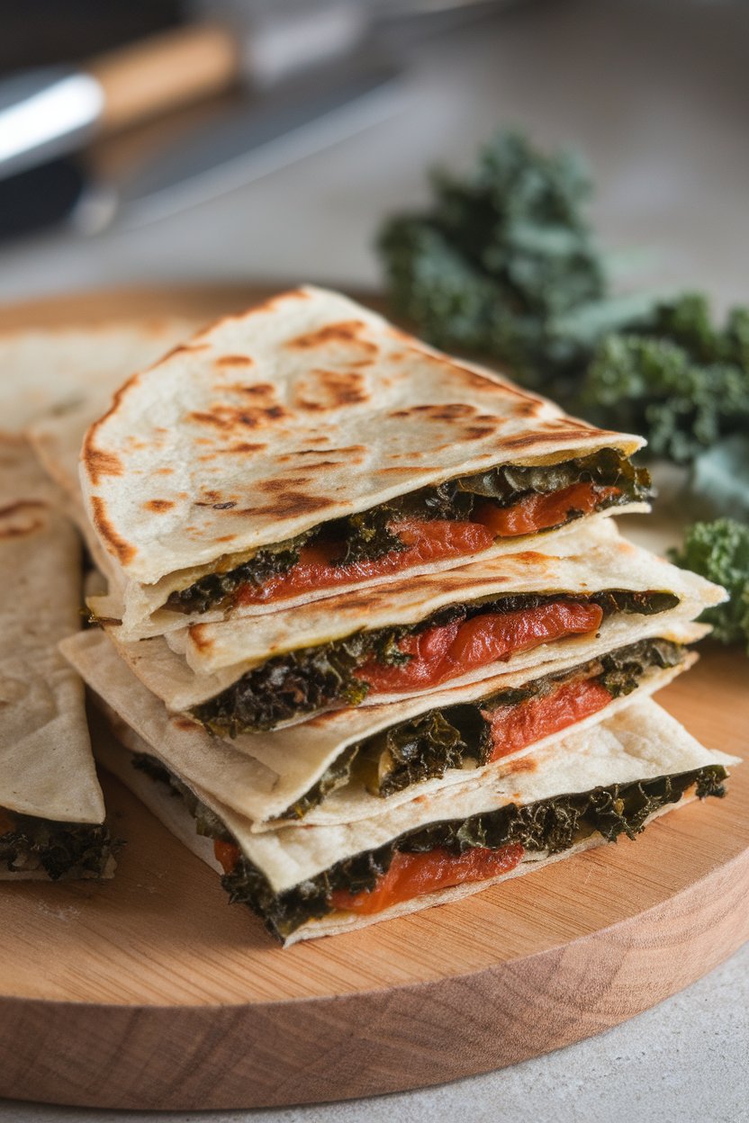 Indoor plate, kale and sun-dried tomato quesadilla cut into strips, photo, no text or logos.