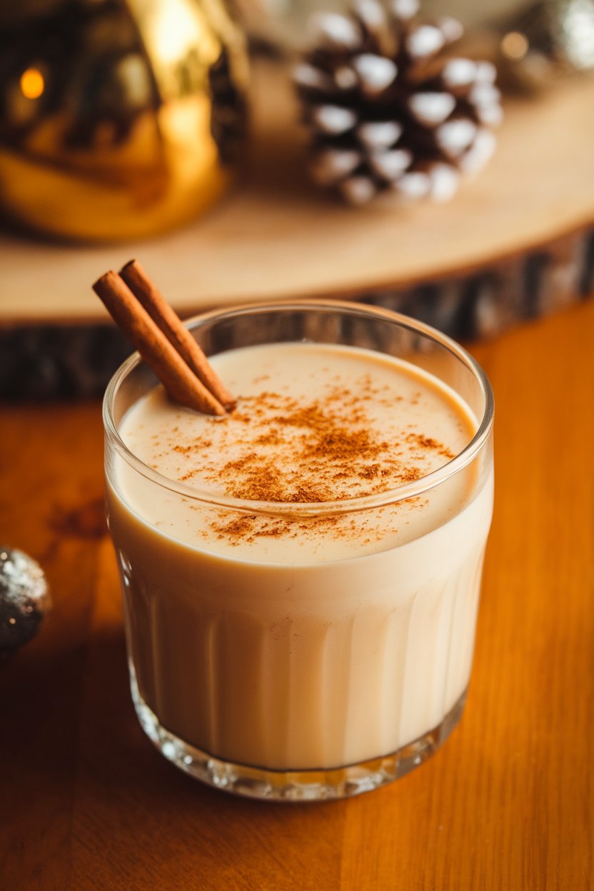 A clear glass indoors containing creamy eggnog, grated nutmeg on top, cinnamon stick garnish—no logos or text. Photo.