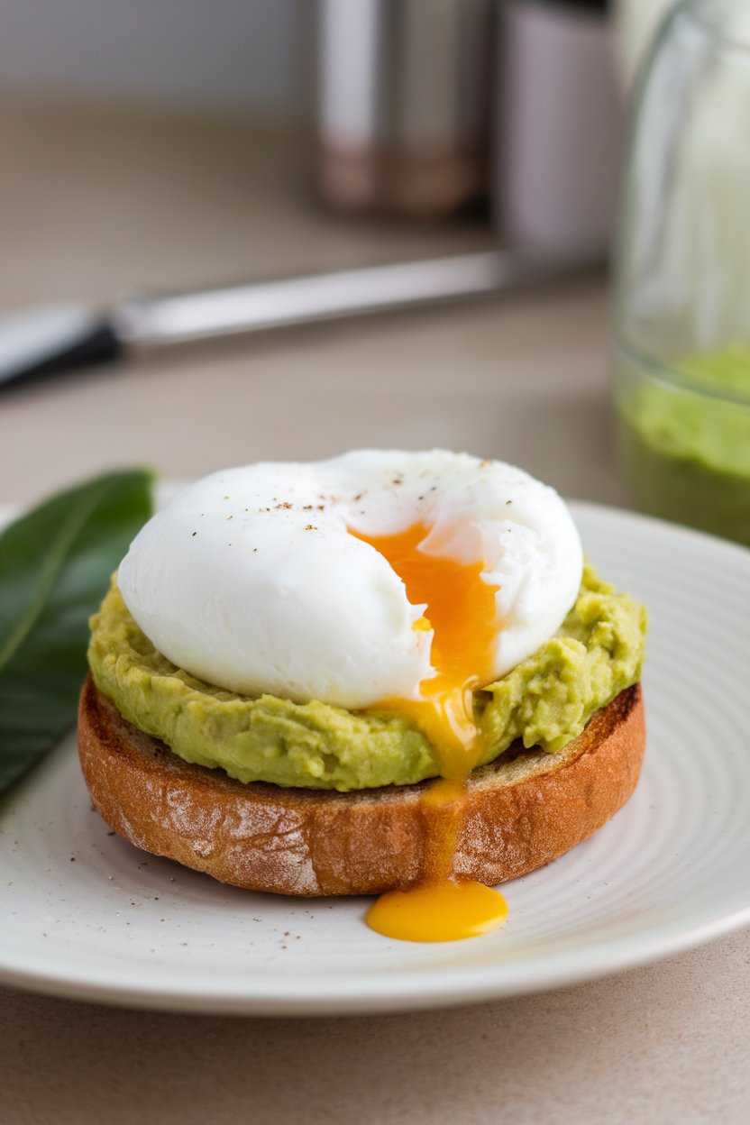 Side view indoor photo of a toasted whole-wheat English muffin layered with mashed avocado and a poached egg, yolk just starting to run. No text or logos.