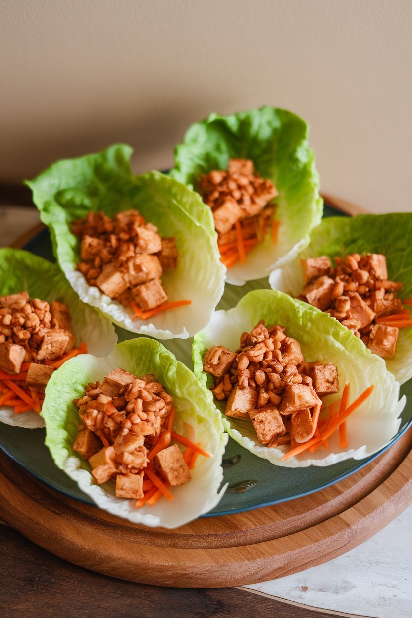 Photo of an indoor platter featuring butter lettuce leaves filled with crumbled peanut-sauce tofu and shredded carrots, no text or logos
