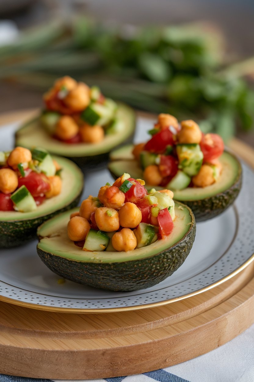 An indoor plate featuring halved ripe avocados filled with a colorful chickpea, tomato, and cucumber salad. No text or branding present.