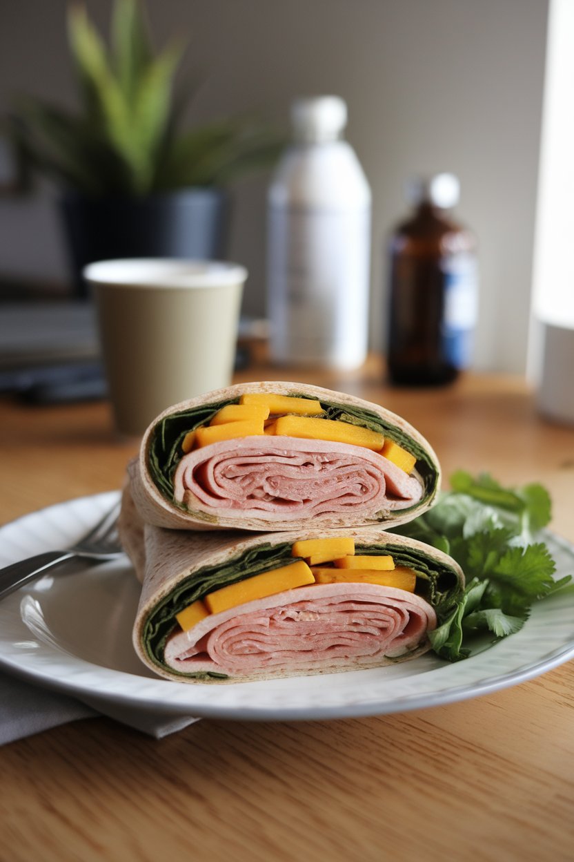 An indoor office setting with a sliced whole-wheat wrap showing layers of deli turkey, fresh mango strips, spinach, and cilantro. No text or logos visible. Photo only.