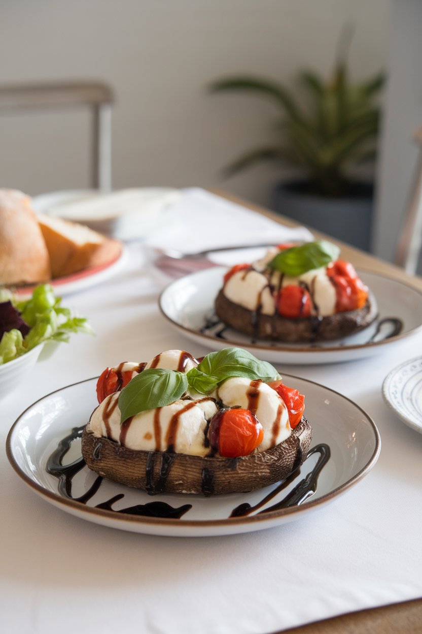An indoor dining table with two roasted portobello caps overflowing with melted mozzarella, cherry tomatoes, and basil leaves, drizzled with balsamic glaze. Photo only, no text or logos.