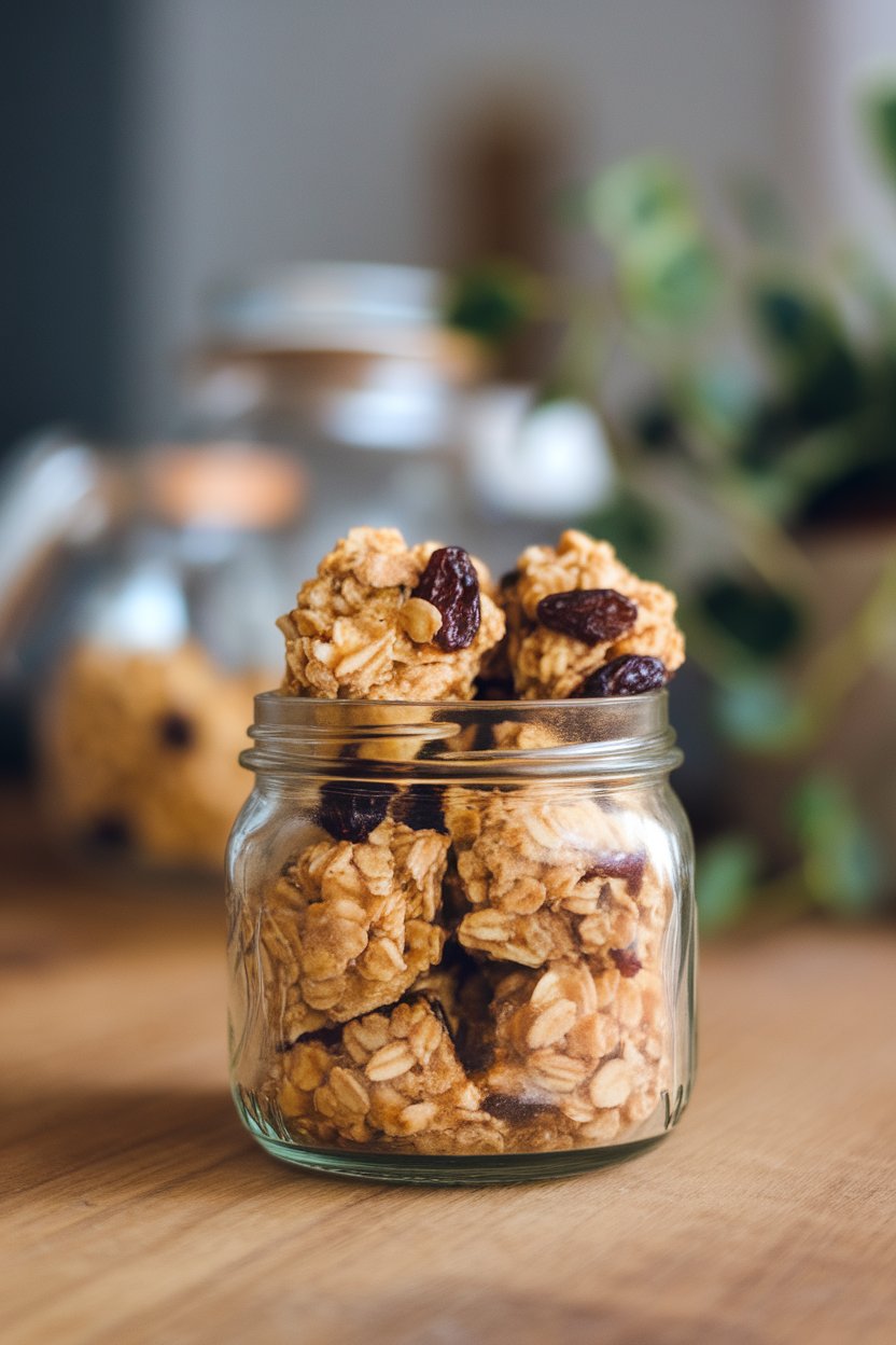 A small indoor jar filled with no-bake oatmeal raisin bites, photo, no logos.