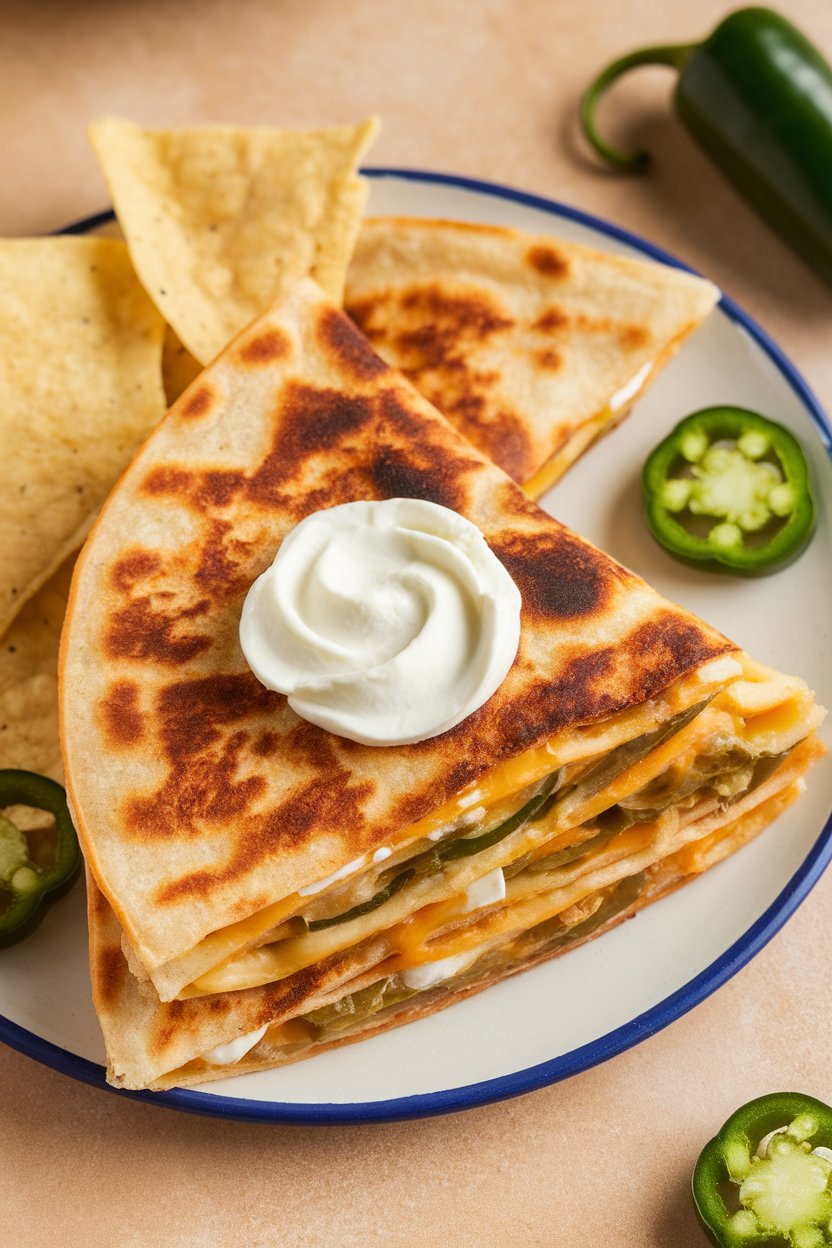 Indoor snack plate, jalapeño popper quesadilla with cream cheese swirl visible, photo, no text or logos.
